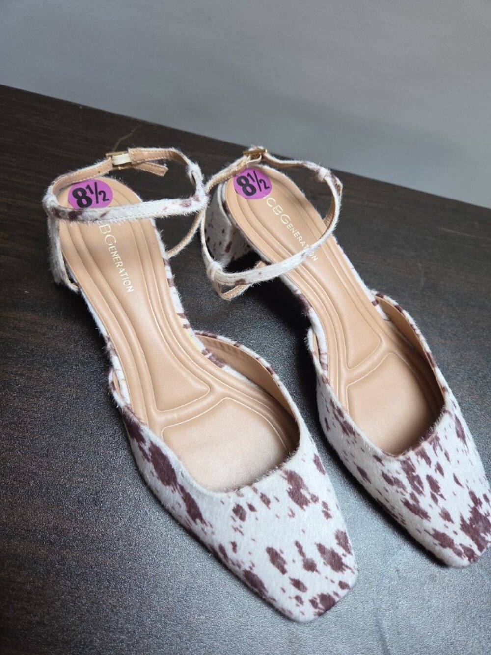 BCBGeneration Animal Faux Fur Square Toe Heels Size 8.5 - NEW Cow Leopard Spots